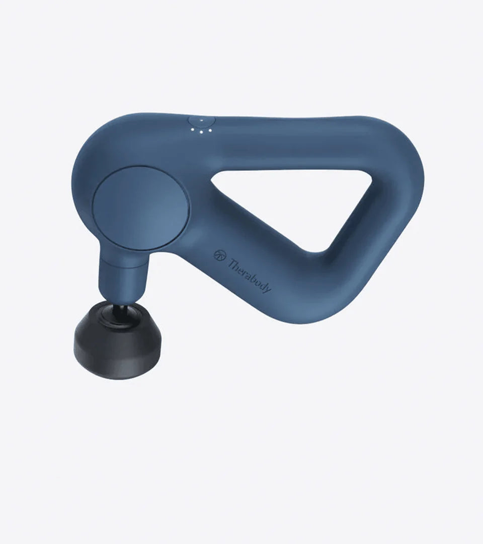 Theragun massage device in matte blue with a sleek triangular handle design and precision attachment, ideal for effective muscle recovery and targeted therapy.