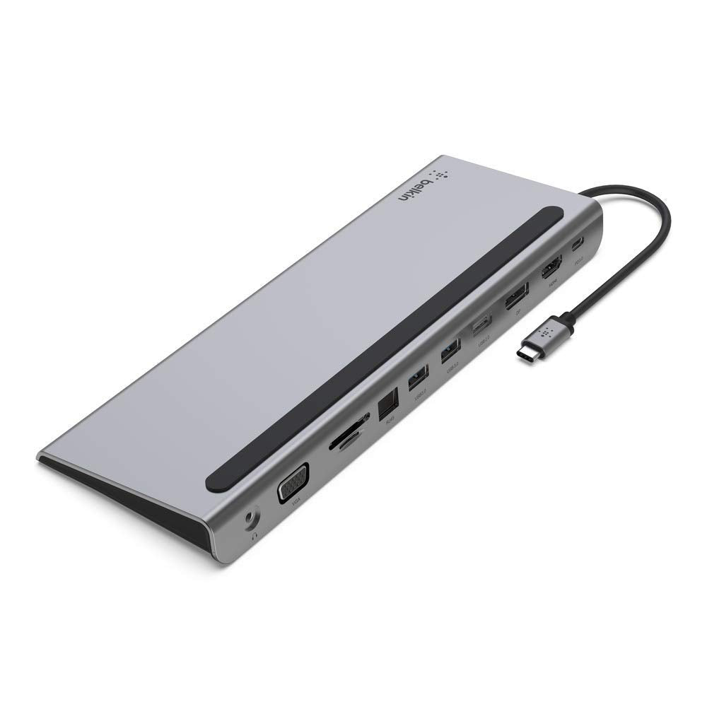 - Image of the Belkin USB-C 11-in-1 Multiport Dock showcasing its sleek design with multiple ports including VGA, SD card reader, MicroSD card reader, Ethernet, USB-A 3.0, USB-A 2.0, DisplayPort, HDMI, and USB-C PD port, and its built-in USB-C cable.