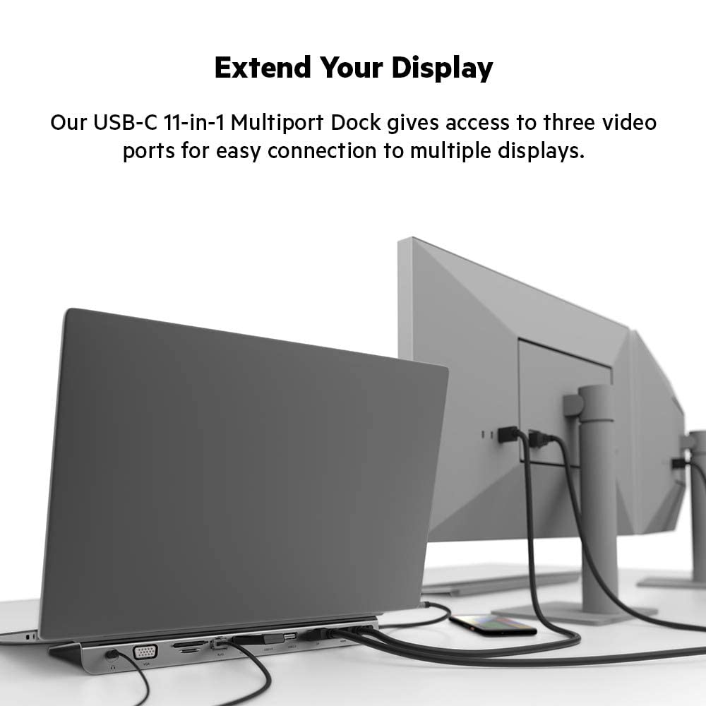 ALT: "Belkin multiport dock connected to a laptop and two external monitors. The text above the image reads 'Extend Your Display,' and highlights the dock's ability to provide access to three video ports for easy connection to multiple displays."