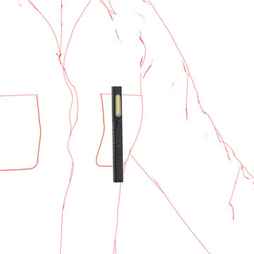 A black LED penlight with a long, narrow LED strip clipped onto the chest pocket of an illustrated outline of a person wearing a jacket. The illustration shows how the penlight can be conveniently carried in a pocket.