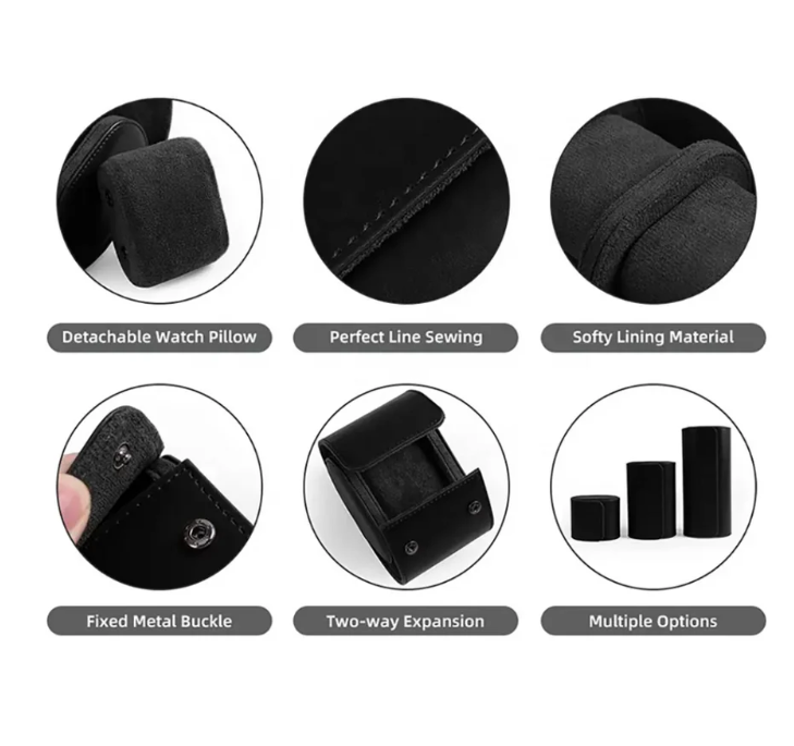 Six features of a black leather watch case displayed in labeled circles: Detachable Watch Pillow, Perfect Line Sewing, Soft Lining Material, Fixed Metal Buckle, Two-way Expansion, and Multiple Options.