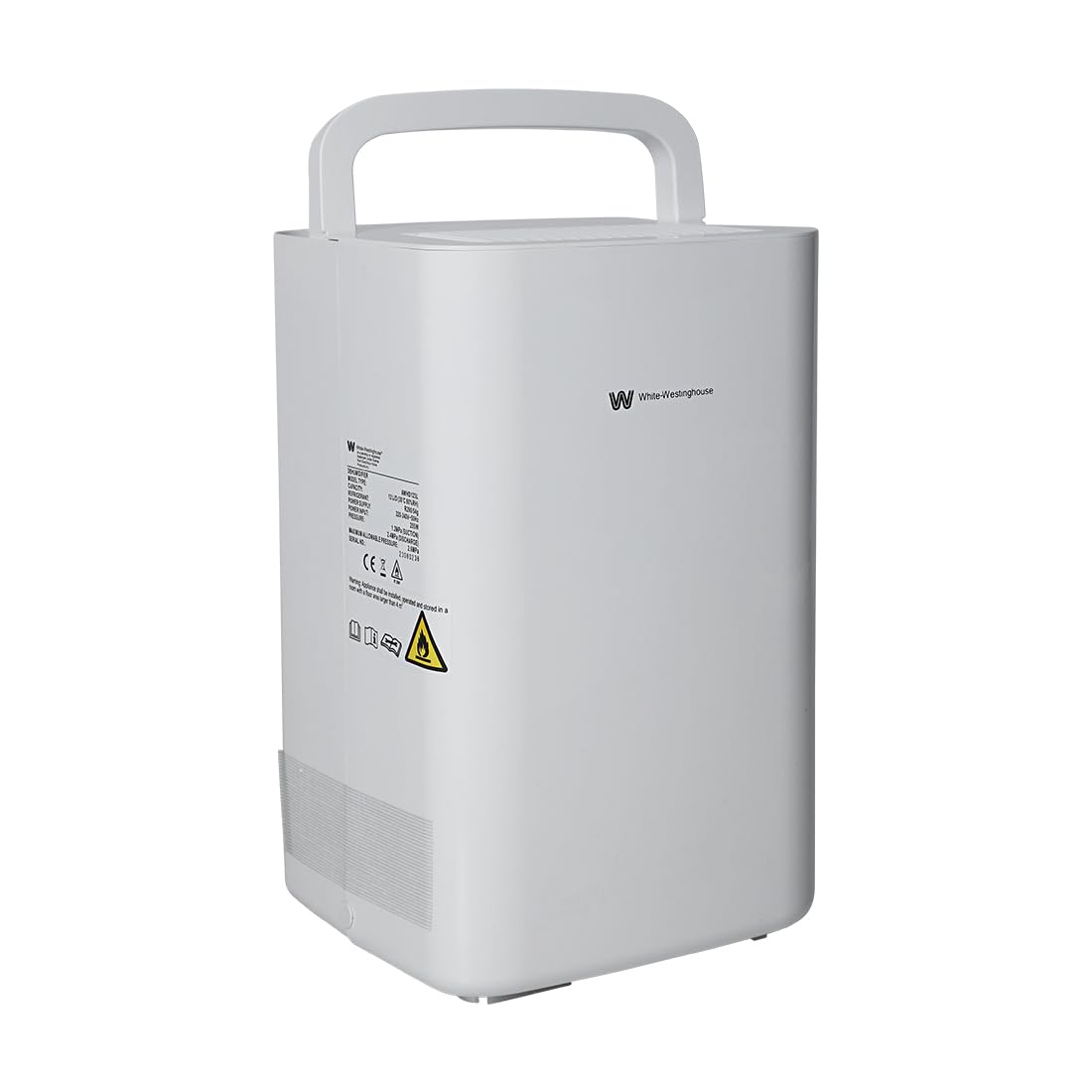 A white dehumidifier with a rectangular shape and a handle on top for easy carrying. The device features vents on the lower side and various certification and warning labels on the side panel. The White-Westinghouse logo is displayed on the front.