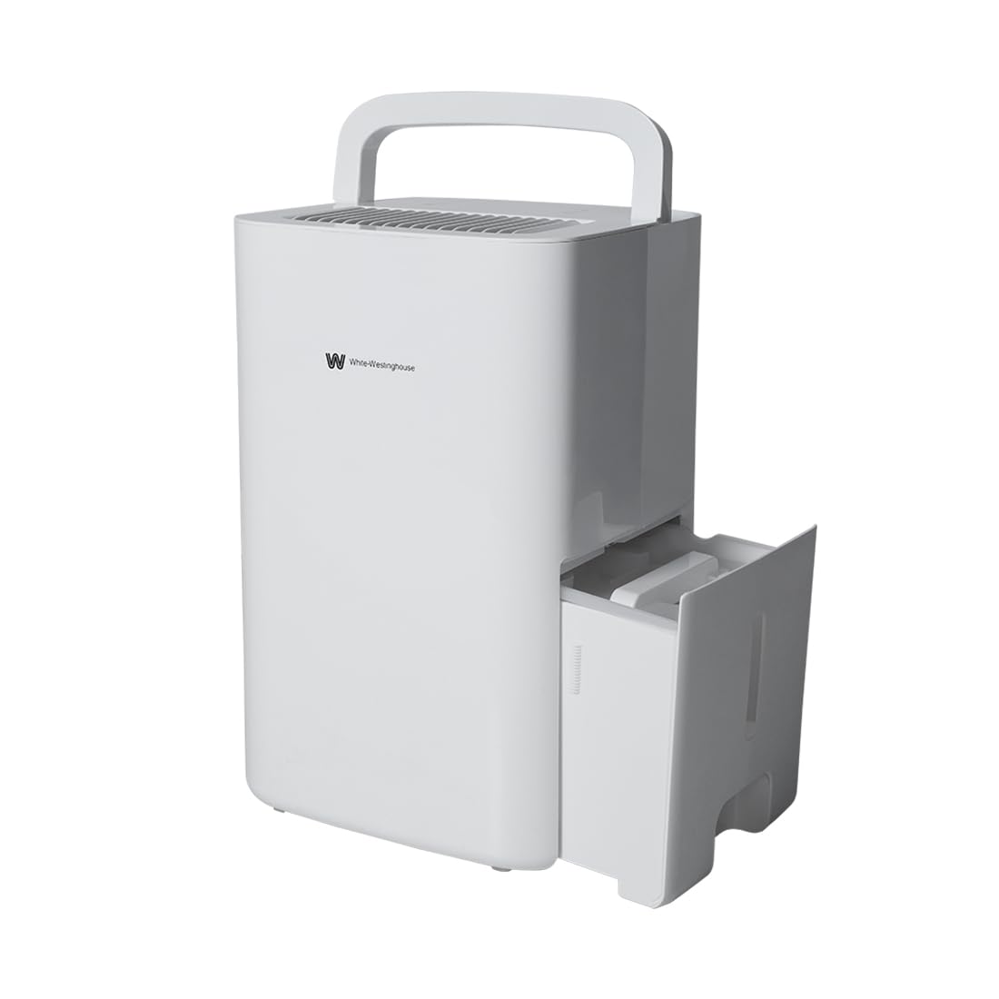  A white dehumidifier with a rectangular shape and a handle on top for portability. The front of the device features the White-Westinghouse logo, and a side panel is partially open, revealing the removable water collection tank.