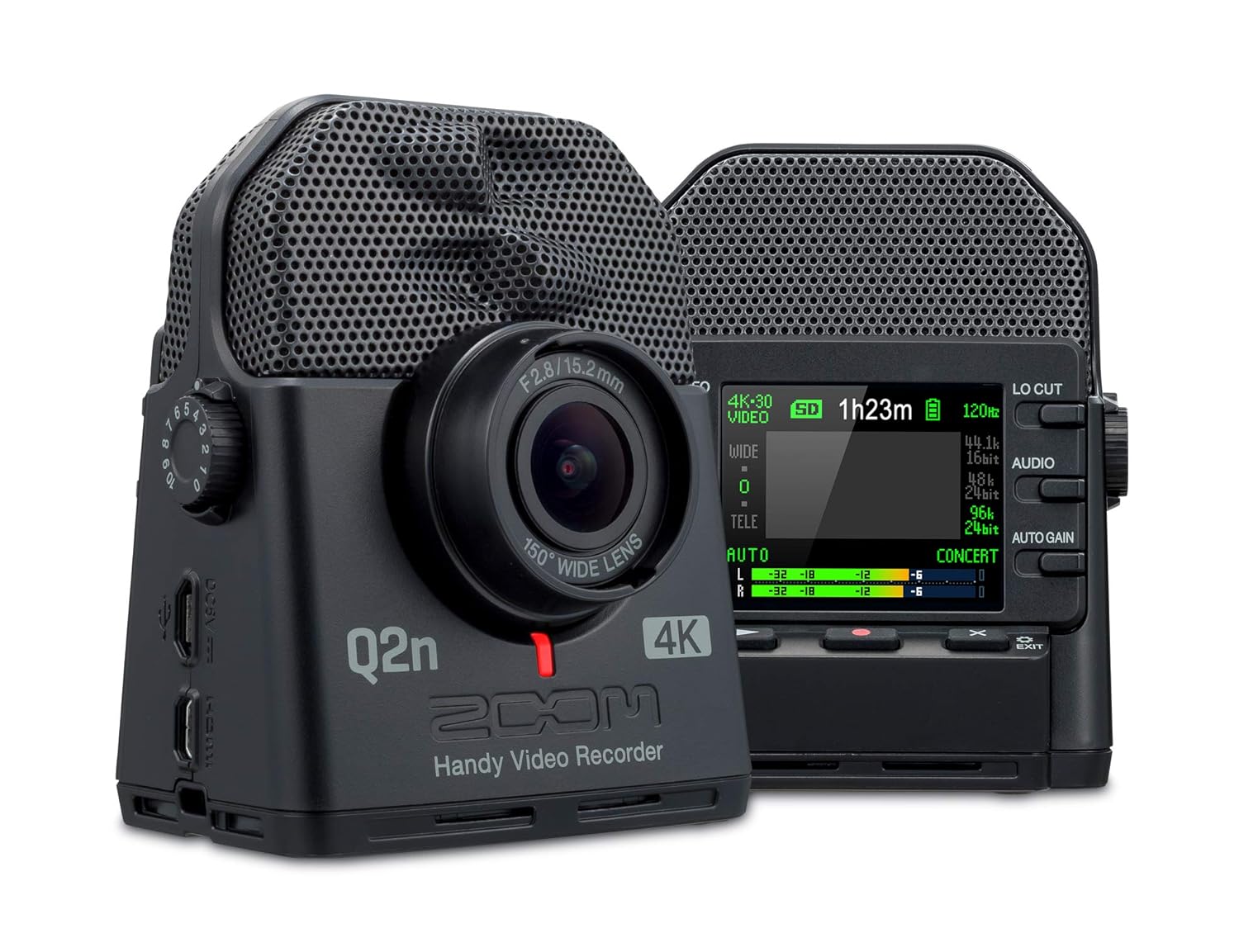 Front and back view of the Zoom Q2n 4K Handy Video Recorder, highlighting its 150° wide lens, built-in microphone, and detailed LCD screen displaying video settings.