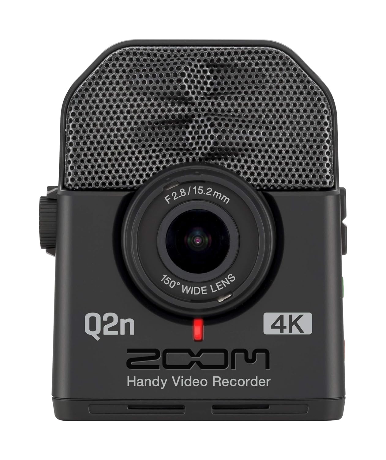 Front view of the Zoom Q2n 4K Handy Video Recorder, showcasing its 150° wide lens and built-in microphone.