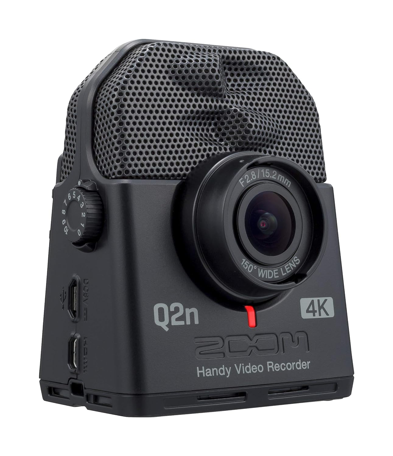 Zoom Q2n 4K Handy Video Recorder with a wide-angle lens and a microphone grille at the top, designed for high-resolution video and audio recording.