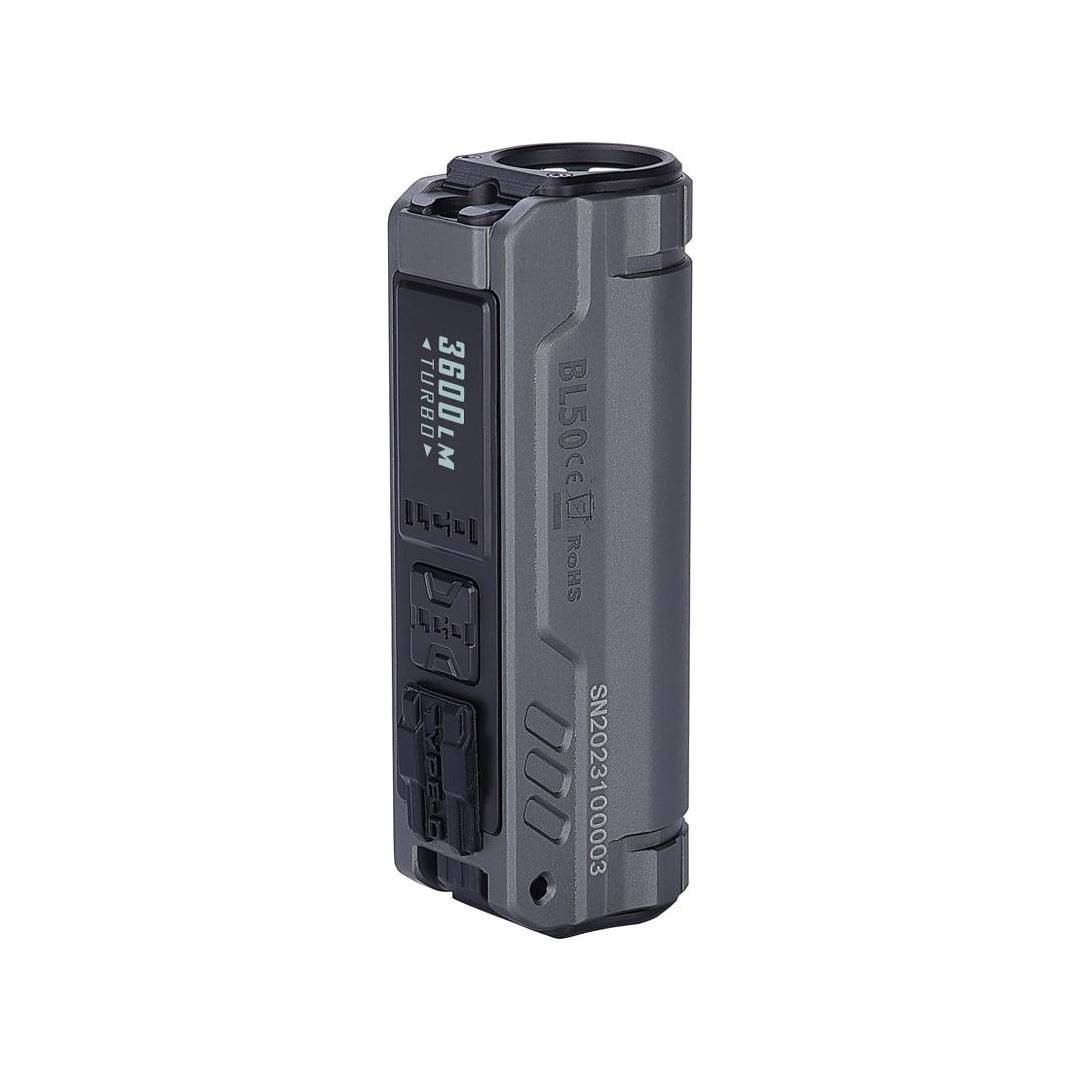 High-performance tactical flashlight, 3600 lumens, rechargeable with OLED display, and rugged design in a grey finish.