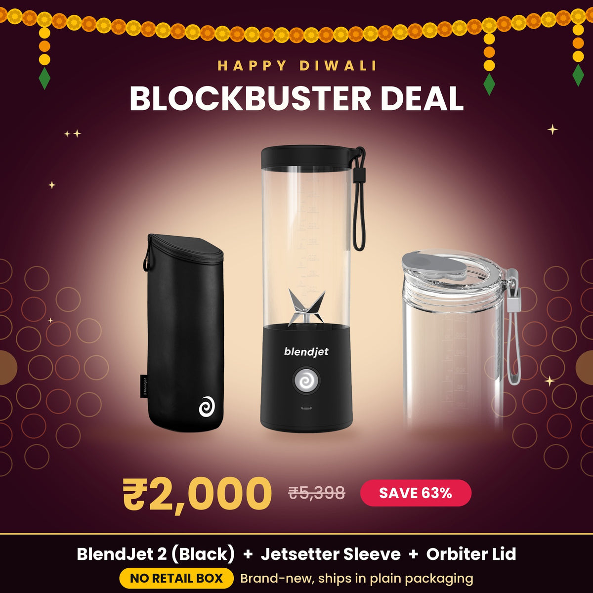 BlendJet 2 Black with Jetsetter Sleeve and Orbiter Lid – Diwali blockbuster deal at ₹2,000, no retail box
