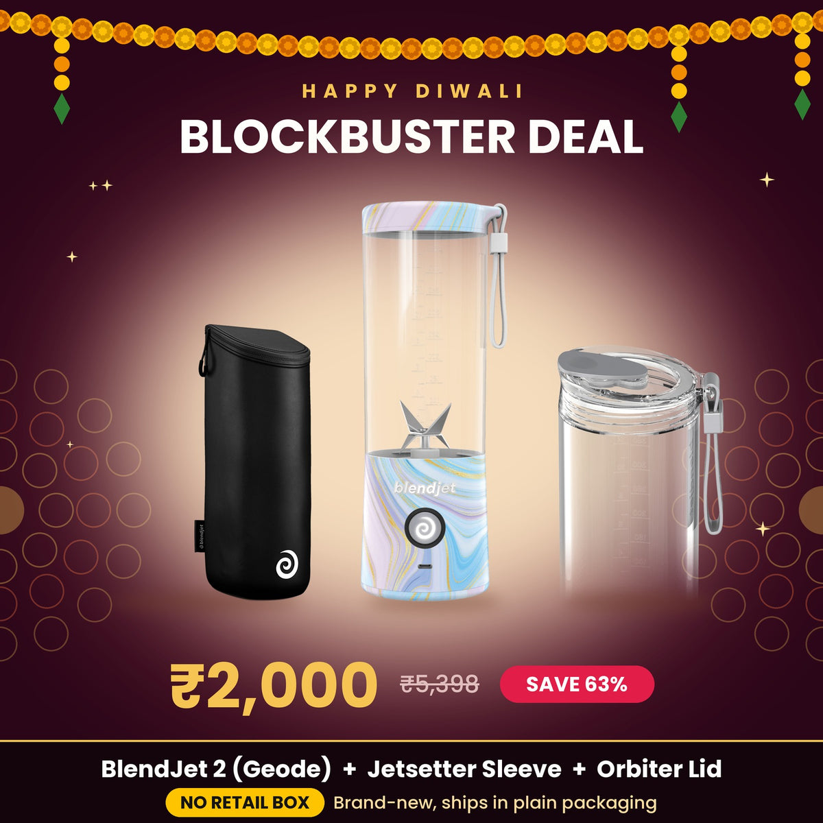 BlendJet 2 Geode with Jetsetter Sleeve and Orbiter Lid – Diwali blockbuster deal at ₹2,000, no retail box