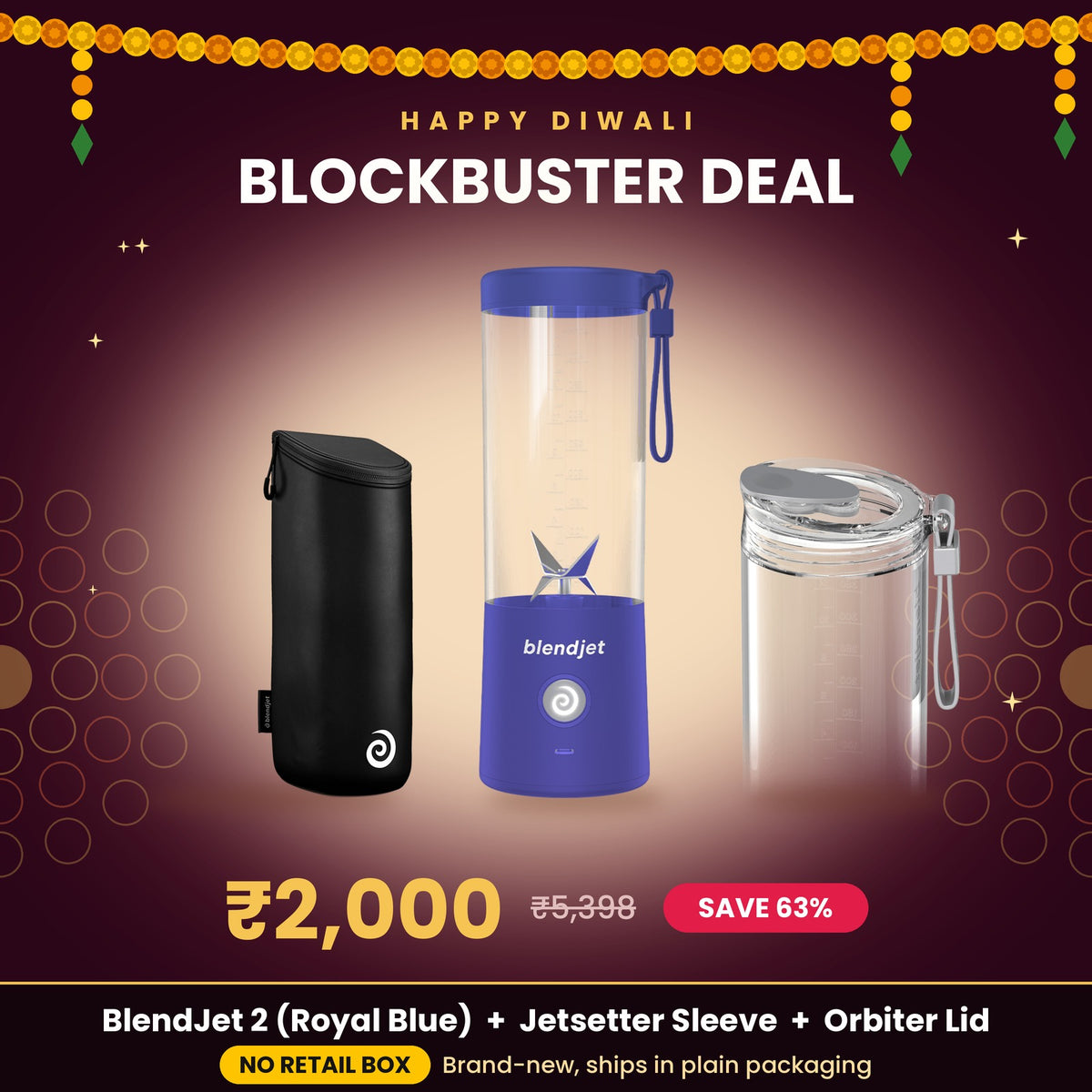 BlendJet 2 Royal Blue with Jetsetter Sleeve and Orbiter Lid – Diwali blockbuster deal at ₹2,000, no retail box