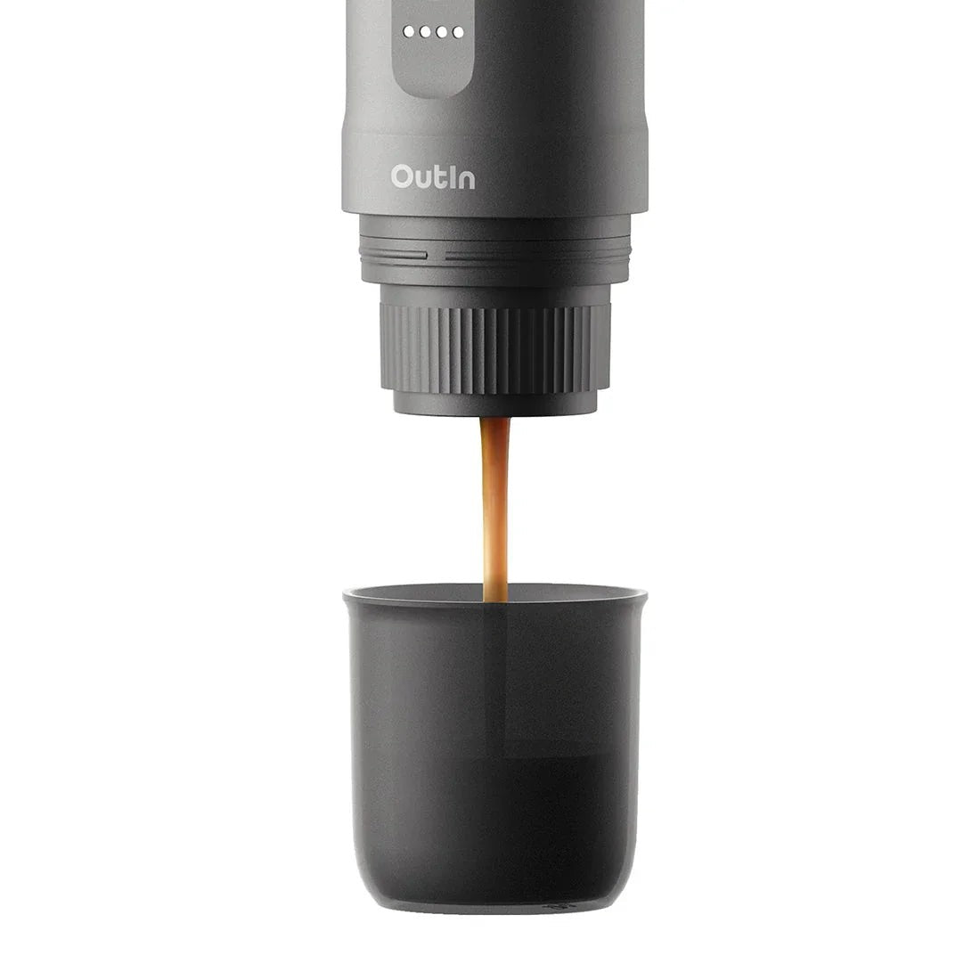 OutIn Nano Space Grey extracting espresso with crema into cup