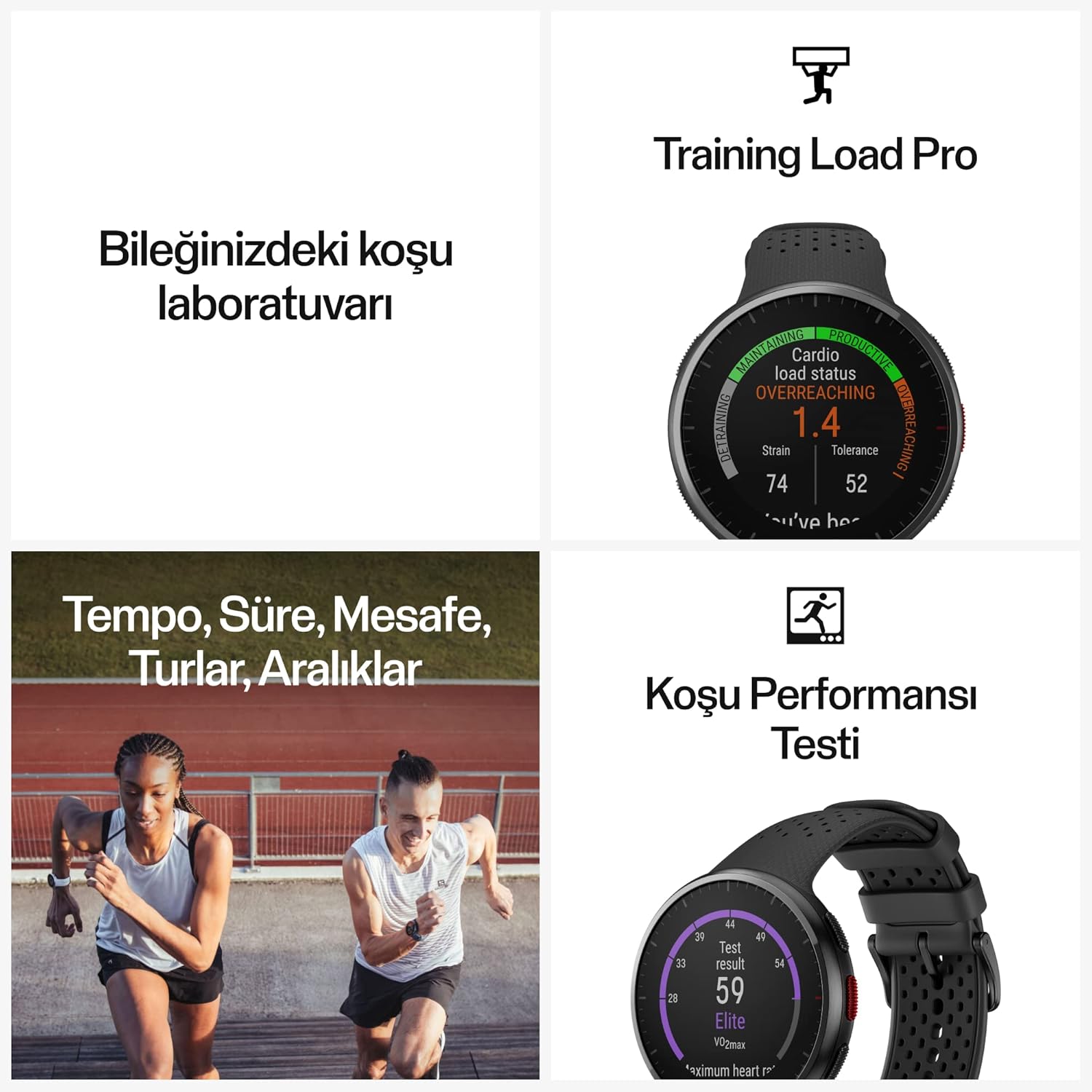 The image showcases a fitness smartwatch designed for runners, highlighting features like Training Load Pro, comprehensive running analysis, and performance testing. The smartwatch is shown with a sleek black design, emphasizing its capabilities in tracking pace, distance, laps, and intervals, making it an essential tool for serious athletes.