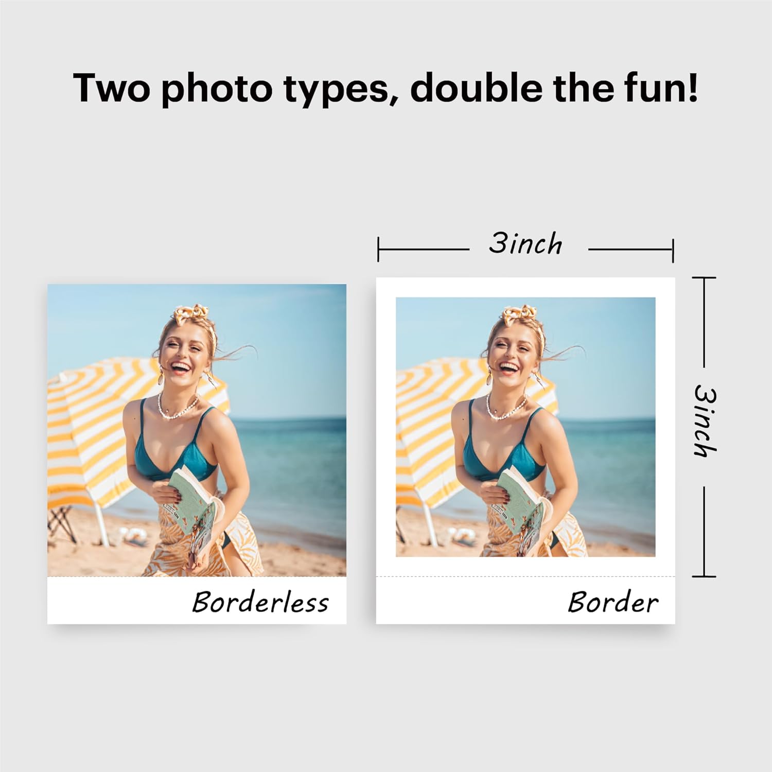 This image illustrates the Kodak Mini 2 Retro printer's ability to produce two types of 3x3-inch photos: borderless and bordered, offering versatile printing options for creative photo displays.