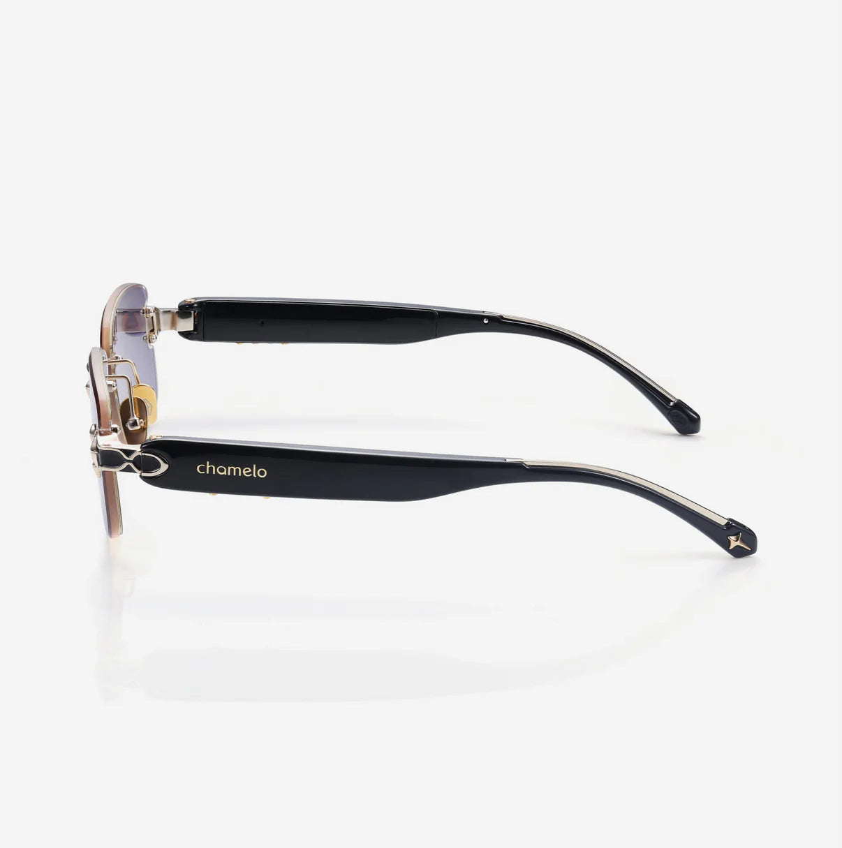 These glasses feature a sleek black arm design with golden accents and the Chamelo branding, perfectly complementing the tinted lenses for a refined and modern look.