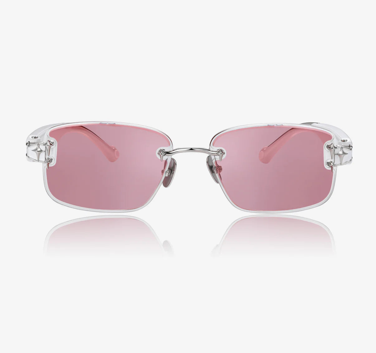 Chamelo Eyewear features a sleek design with pink-tinted lenses and a lightweight, durable white frame.