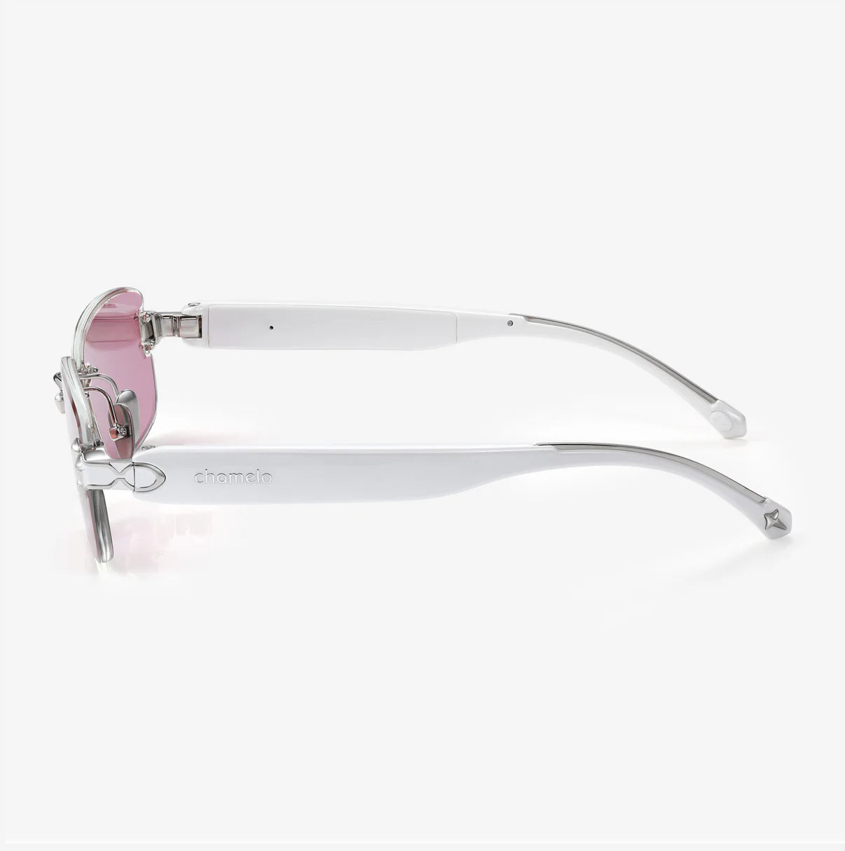 Chamelo Eyewear combines sleek white frames with stylish pink lenses for a modern, elegant look.