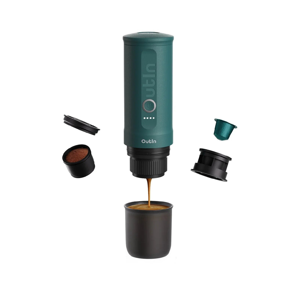 OutIn Nano OutIn Teal brewing espresso, exploded view of capsule and ground coffee parts