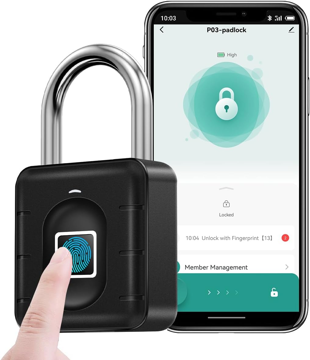 The image features a fingerprint padlock being unlocked with a touch, alongside a smartphone displaying the padlock's app interface. The app shows the lock status, allowing for easy management and unlocking through the app. This highlights the padlock's smart features, combining biometric security with the convenience of app-based control. Ideal for modern security needs.