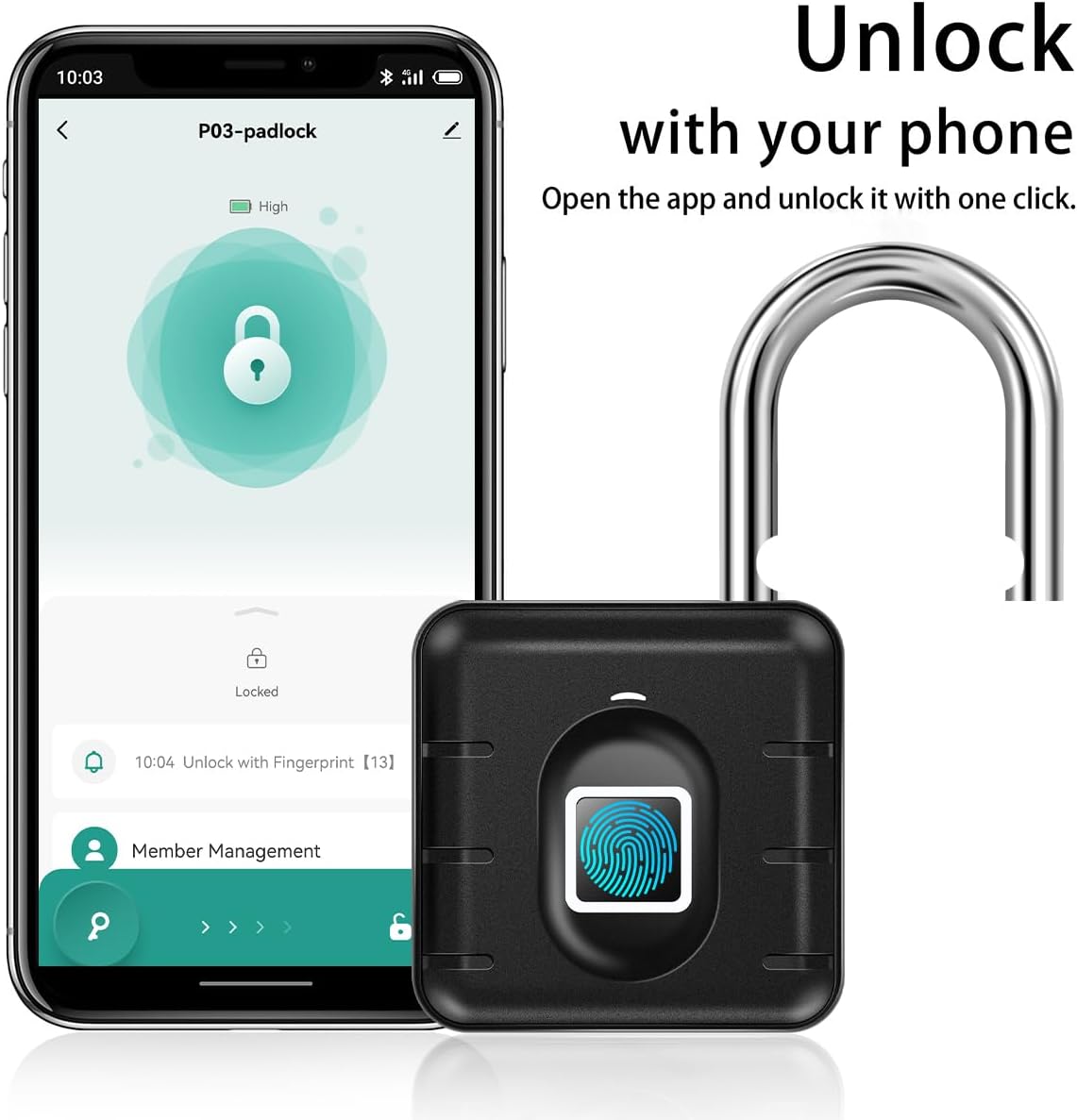 The image shows a fingerprint padlock alongside a smartphone displaying the lock's control interface. The text emphasizes the ease of unlocking the padlock using your phone with just one click. This showcases the padlock's modern, convenient functionality, allowing for seamless control and security through a dedicated app.