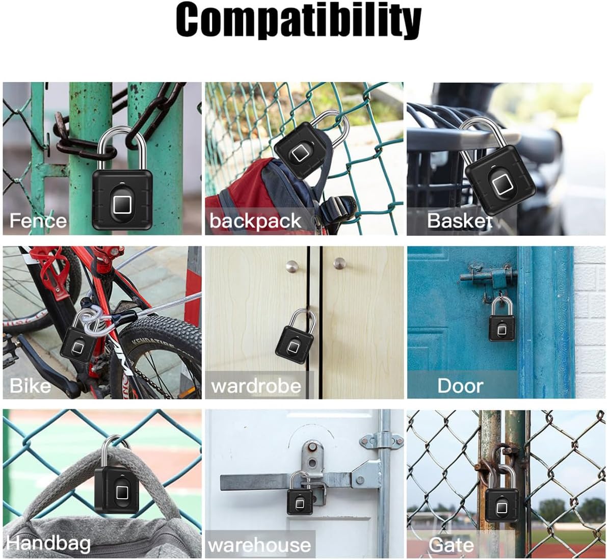 The image showcases various use cases for a fingerprint padlock, demonstrating its compatibility with multiple items and environments. The padlock is shown securing a fence, backpack, basket, bike, wardrobe, door, handbag, warehouse, and gate. Each scenario highlights the versatility of the padlock, suitable for securing different types of belongings and locations with advanced biometric security. The image emphasizes the padlock's adaptability for both personal and industrial us