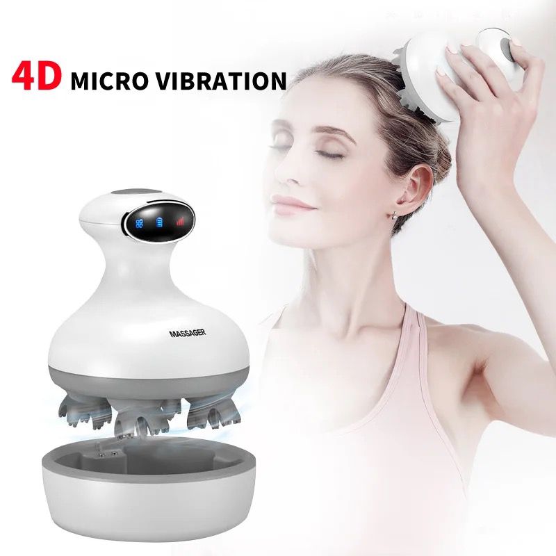 This image features a **4D Micro Vibration** scalp massager, highlighting its advanced technology for providing a relaxing and effective scalp massage. The massager is depicted in use by a person, who appears to be enjoying the soothing effects on her scalp. The product is also shown with its charging base, reinforcing its convenience and ease of use.  The "4D Micro Vibration" refers to the device's ability to deliver multidimensional vibrations that simulate the effects of a professional massage, enhancing