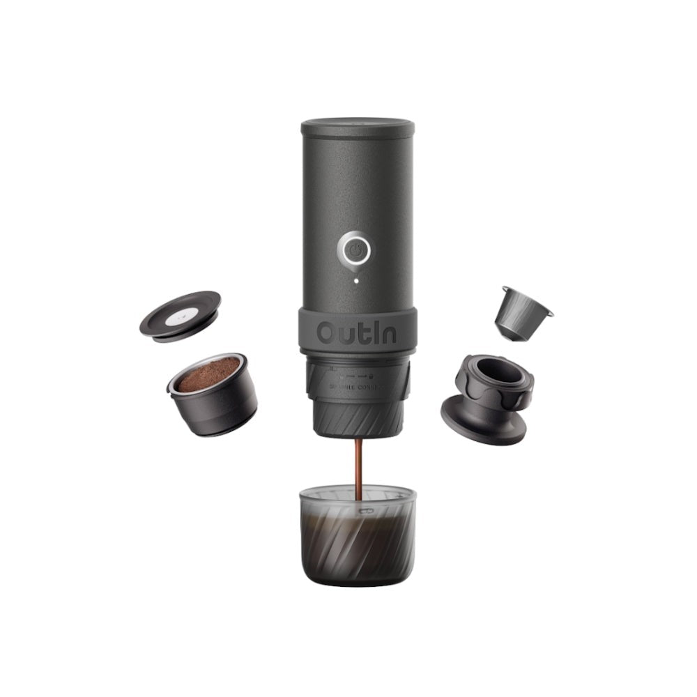 OutIn Mino Space Grey exploded view brewing espresso, capsule and grounds adapters