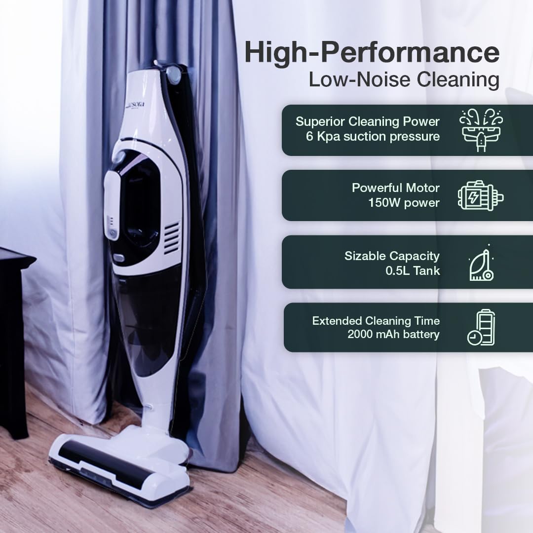 High-performance cordless vacuum cleaner with 6 Kpa suction, 150W motor, 0.5L tank capacity, and 2000 mAh battery for extended cleaning.