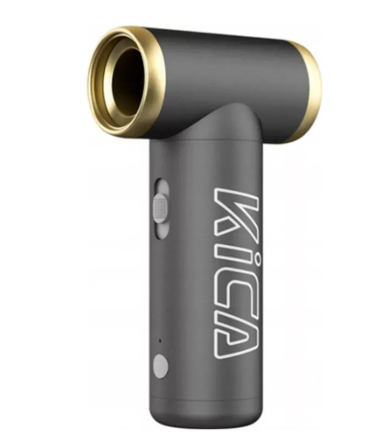 The image shows a KICA Jet Fan 2 in a black color with gold accents. The device has a T-shaped design with a cylindrical fan unit at the top and a handle below. The brand name "KICA" is printed vertically on the side of the handle in white text. 