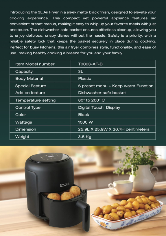 **3L air fryer in matte black finish, featuring 6 preset menus, dishwasher-safe basket, and digital touch display for easy meal preparation.**