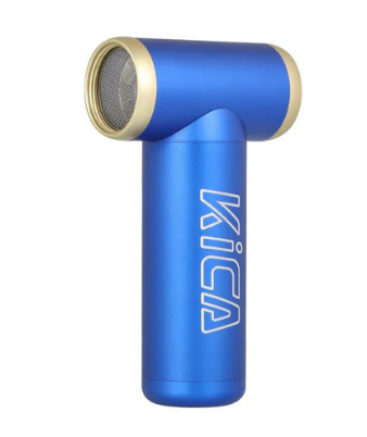 The image shows a KICA Jet Fan 2 in a vibrant blue color with gold accents. The fan features a T-shaped design with a cylindrical fan unit at the top and a handle below. The brand name "KICA" is printed vertically on the side of the handle in white text