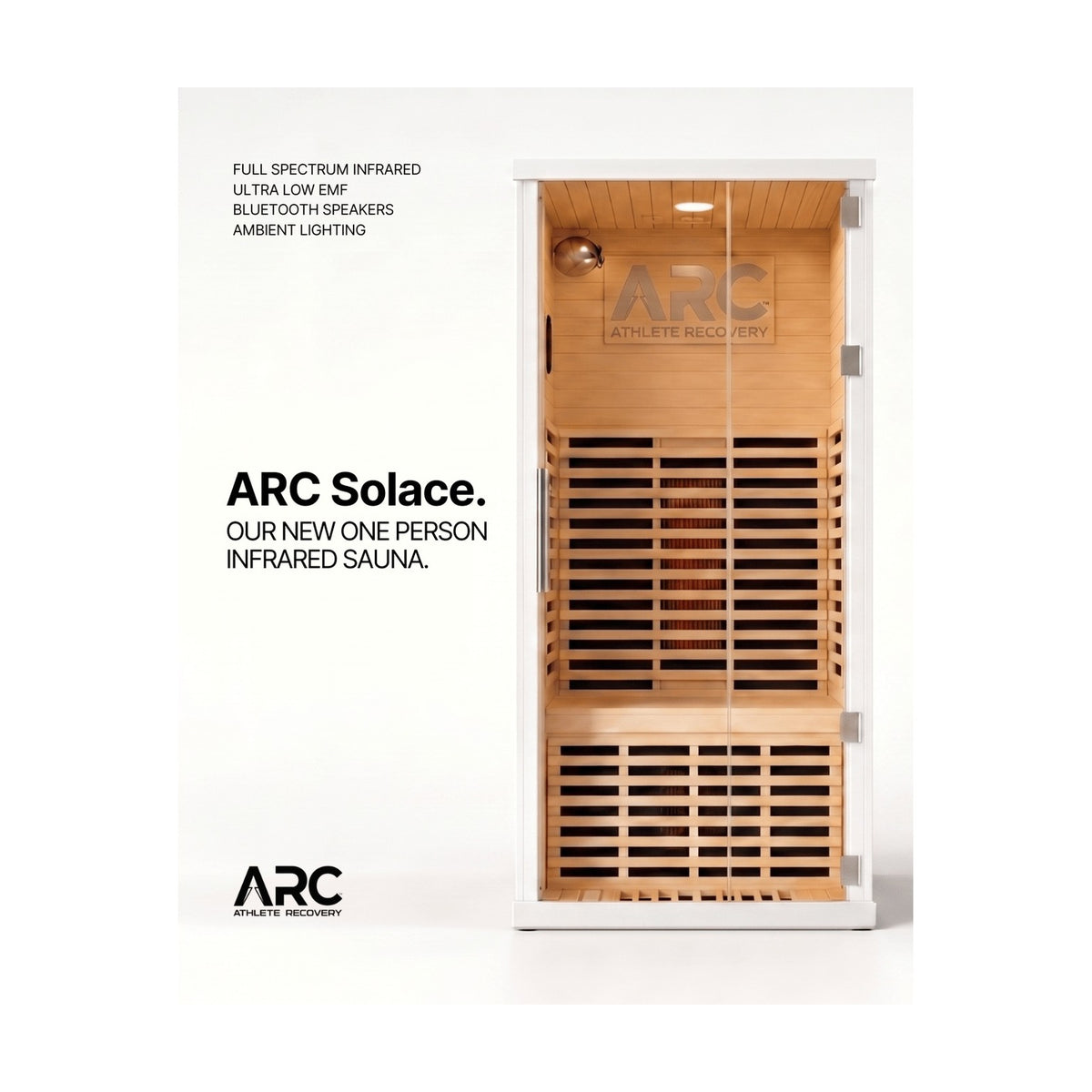 ARC Solace infrared sauna interior with Hemlock wood and LED lighting