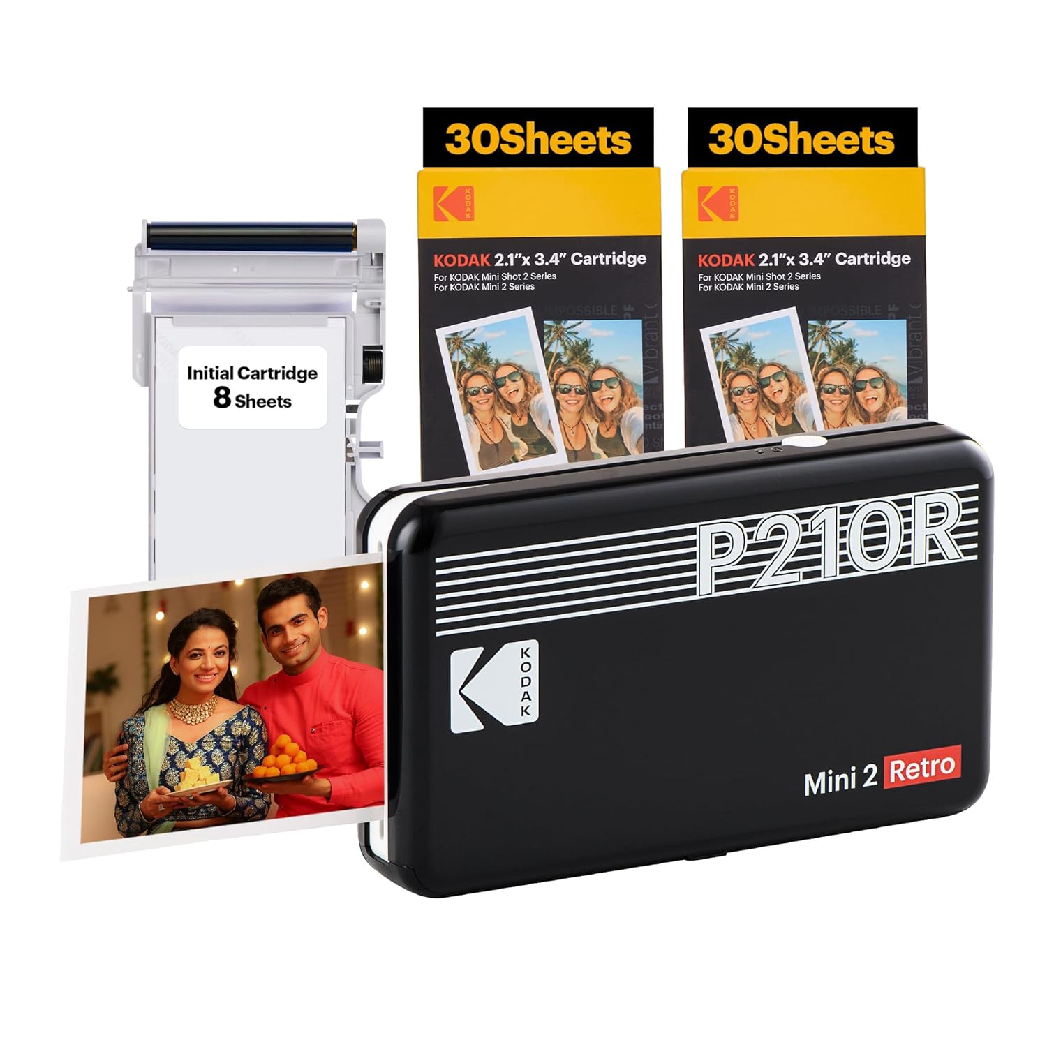 This image showcases the Kodak Mini 2 Retro portable photo printer along with its included initial cartridge for 8 sheets and two additional 30-sheet cartridges, emphasizing its ability to print high-quality instant photos efficiently.