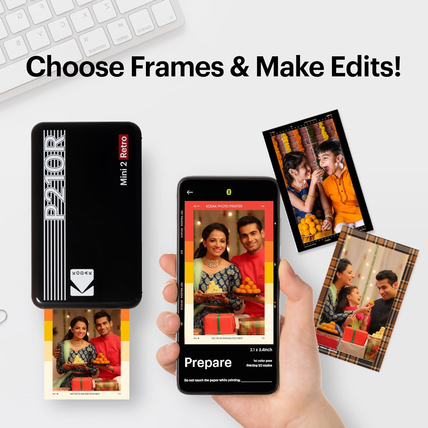 This image highlights the editing features of the Kodak Mini 2 Retro printer, showcasing its ability to choose frames and make edits directly via the app for personalized photo printing.