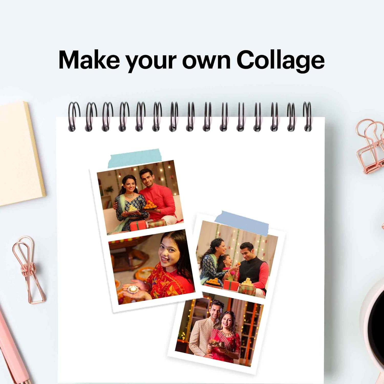 An image showcasing a **collage-making concept** with printed Kodak photos of festive moments, arranged on a spiral notebook with decorative tape, encouraging users to create personalized collages.