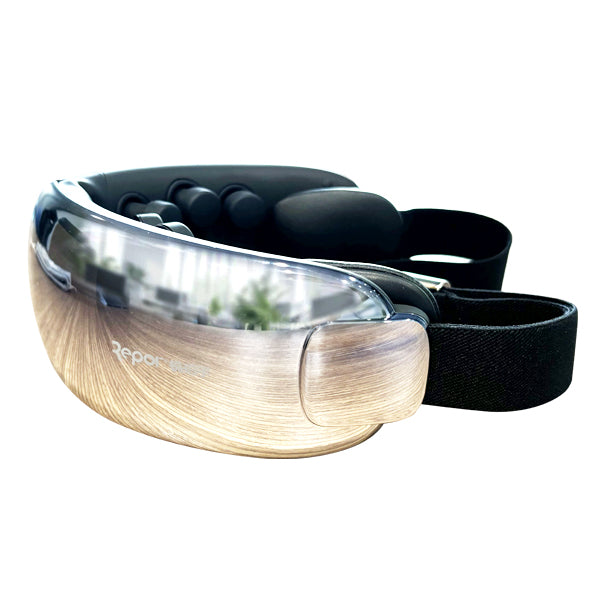 : A black adjustable neck massager with a reflective visor displaying the brand name "Bepor" on the side. The device includes multiple round massage nodes and metal contact points inside, and a strap with a metal clasp for securing it around the neck. The visor has a wood-grain finish for a sleek design.