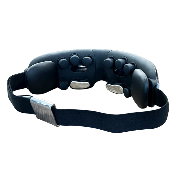  A black adjustable neck massager with multiple round massage nodes and metal contact points. The device features a strap with a metal clasp for securing it around the neck, providing targeted massage therapy.