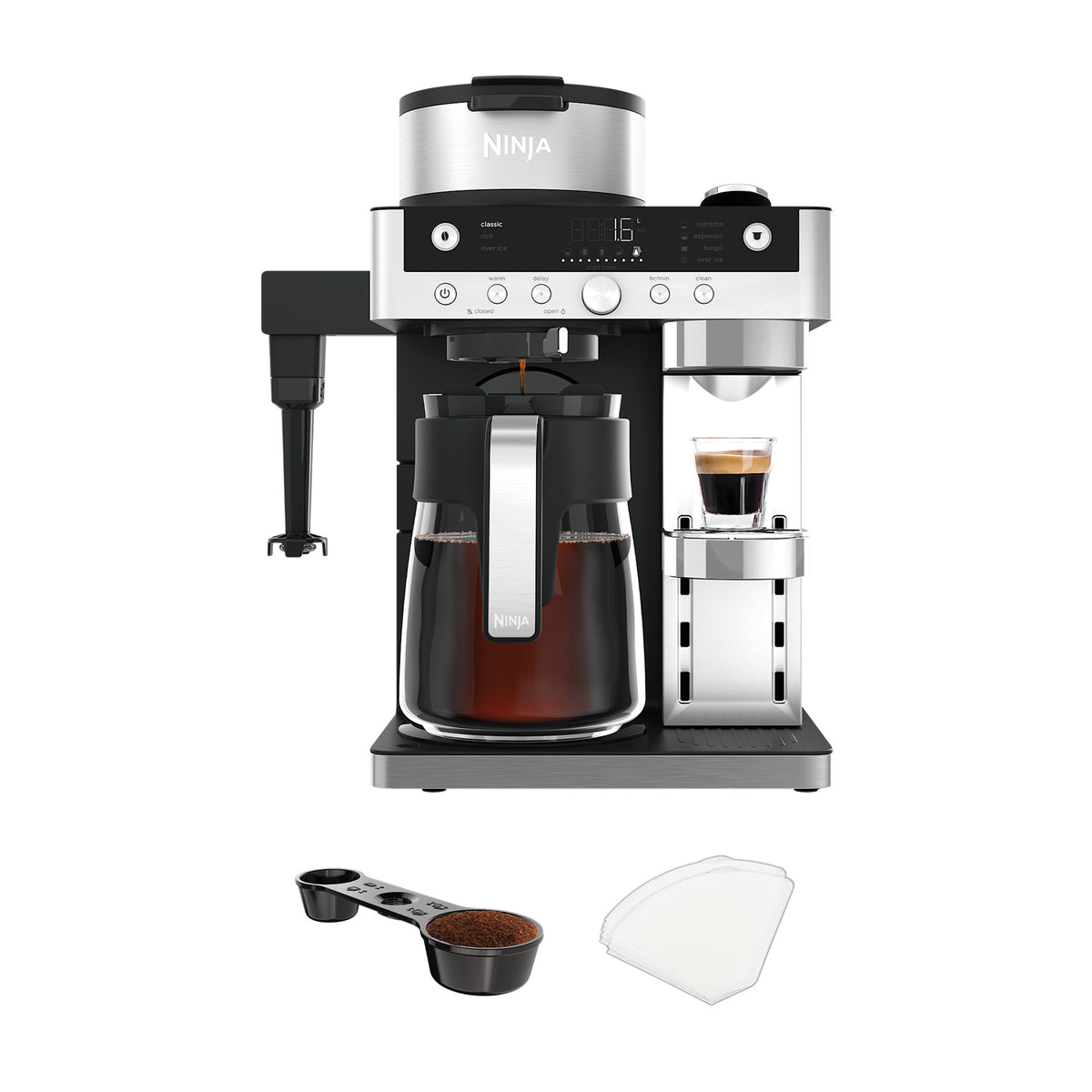 Ninja Prestige DualBrew System CFN802 2-in-1 filter coffee and espresso capsule machine in black with glass carafe, capsule holder and paper filter