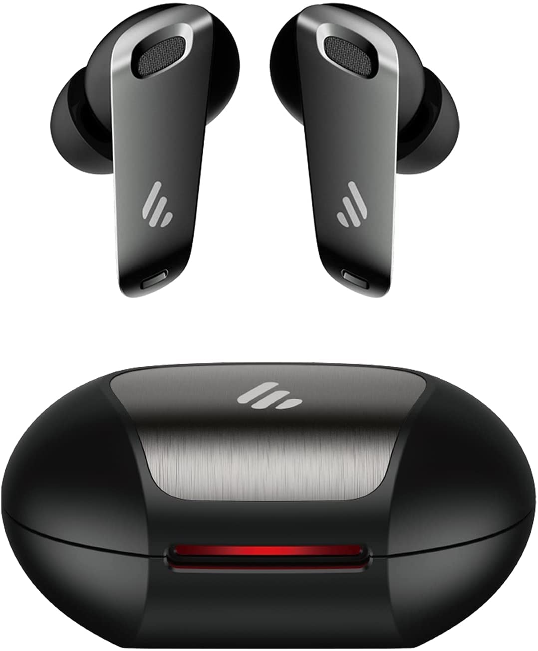 This image showcases stylish black earbuds with a metallic finish, accompanied by their premium charging case featuring a brushed metal accent and an illuminated red status light, emphasizing a high-quality design.