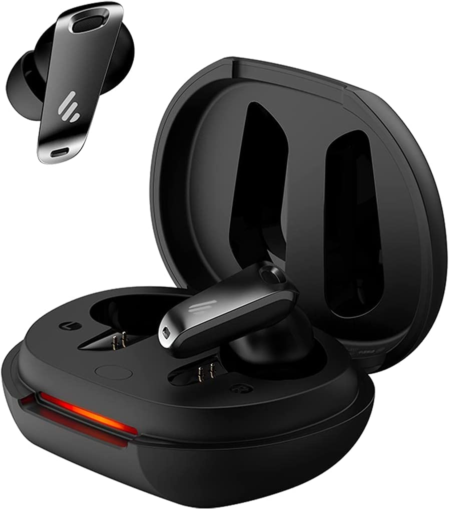 This image depicts wireless earbuds with a modern metallic and black design. One earbud is placed inside an open charging case, which features a glowing red indicator light, emphasizing its sleek and high-tech appearance.