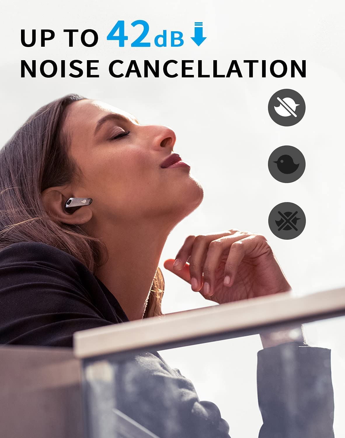 The image emphasizes **up to 42dB noise cancellation**, offering an immersive and distraction-free listening experience.