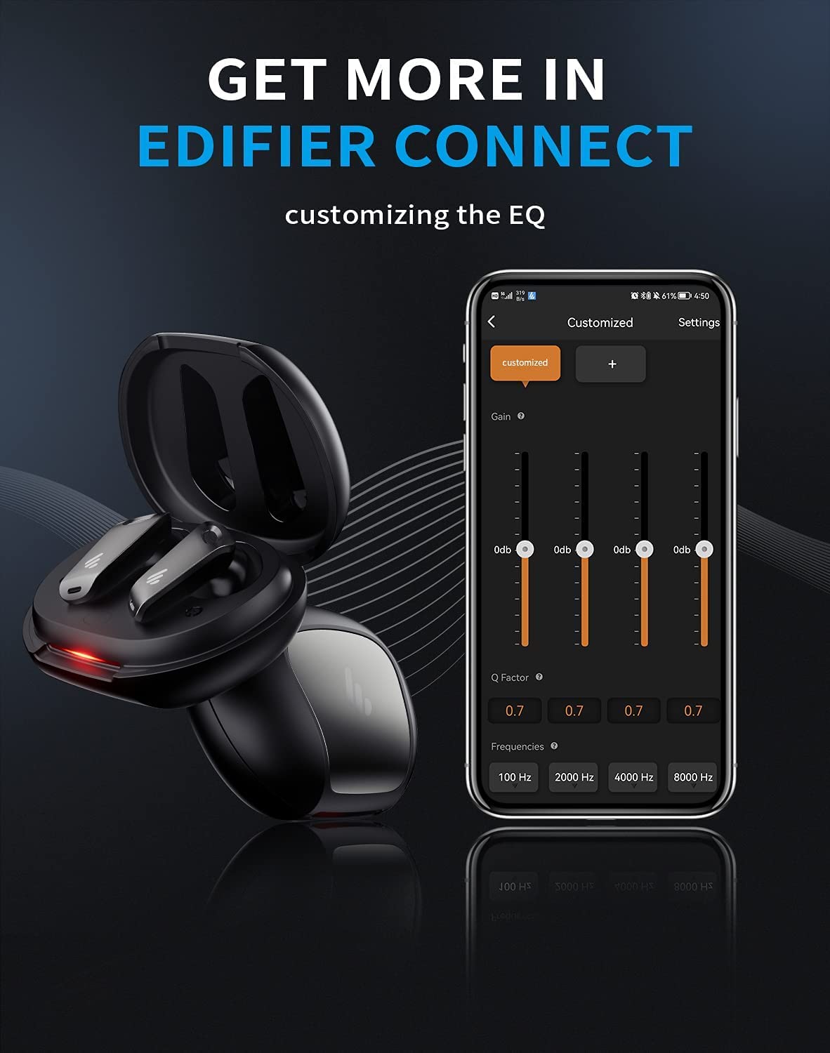 The image highlights the **Edifier Connect App**, enabling customizable EQ for personalized sound and seamless control of earbuds.