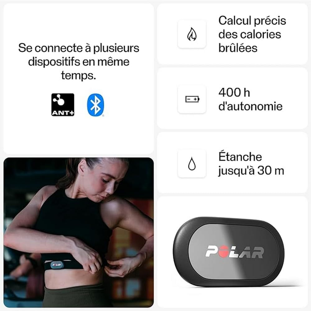 Polar heart rate monitor features ANT+ and Bluetooth connectivity, precise calorie tracking, 400-hour battery life, and waterproof design up to 30 meters.