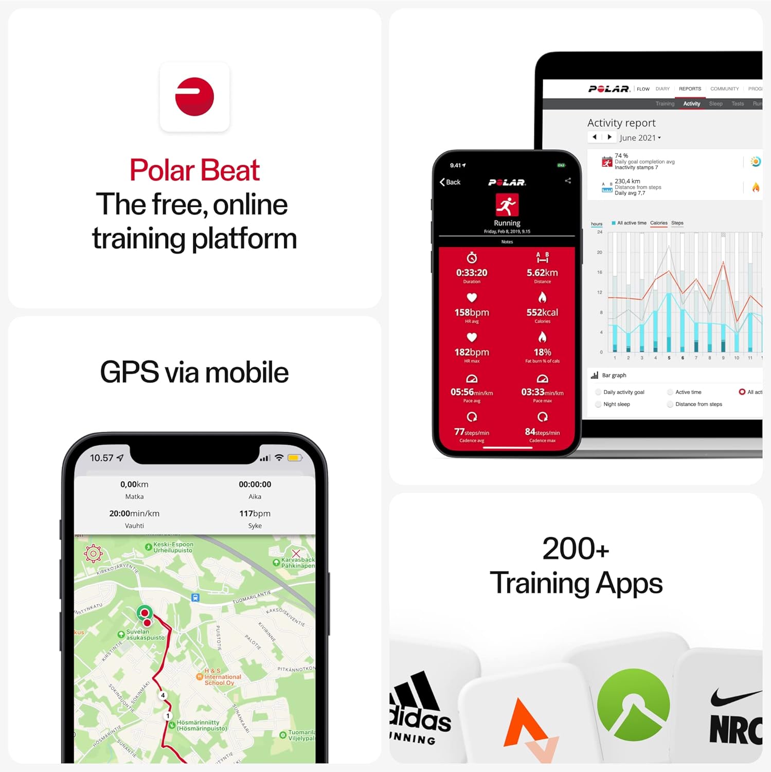 Polar Beat free online training platform with GPS tracking via mobile and compatibility with over 200 training apps, providing comprehensive workout data and insights.