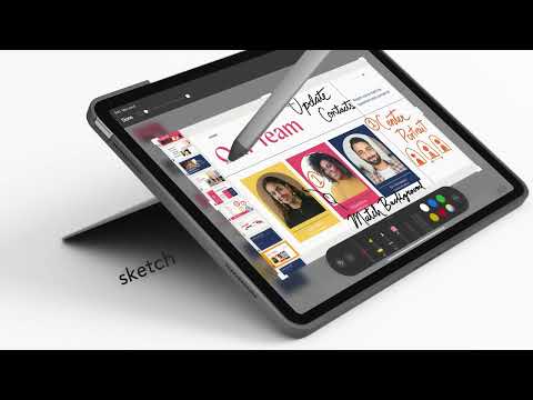 Logitech Combo Touch for iPad Air shown in a sketching setup, featuring a precise stylus interaction with a vibrant screen and an integrated adjustable stand for enhanced drawing and note-taking.