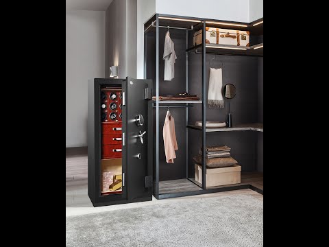 Luxury home safe with multiple compartments, integrated into a walk-in closet for secure storage of valuables and personal items.