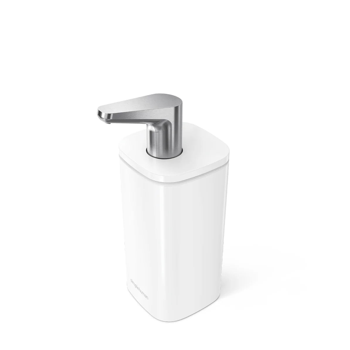 A sleek, white automatic soap dispenser with a stainless steel nozzle, designed with a modern and minimalist aesthetic. The dispenser has a rectangular shape with rounded edges and a top portion that houses the dispensing mechanism. The nozzle extends outwards from the top, angled slightly downward for easy access.