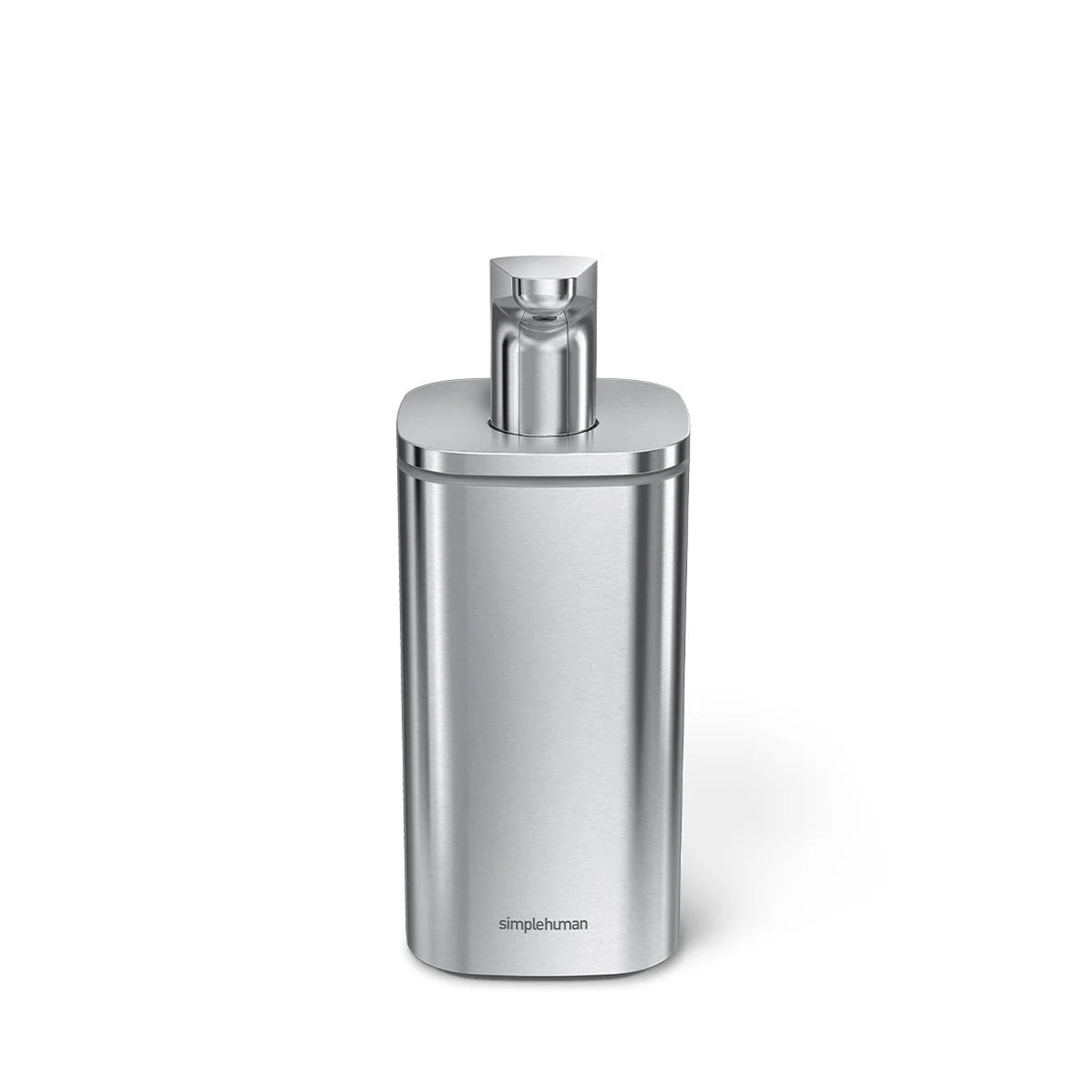 The image shows a sleek, silver automatic soap dispenser with a metallic finish, likely from the Simplehuman brand. The dispenser features a cylindrical top with a sensor or pump mechanism for dispensing soap. The design is minimalistic and modern, with smooth lines and a polished surface, making it an elegant addition to any kitchen or bathroom. The Simplehuman logo is subtly placed at the bottom, highlighting the brand's commitment to high-quality, functional, and stylish home products.