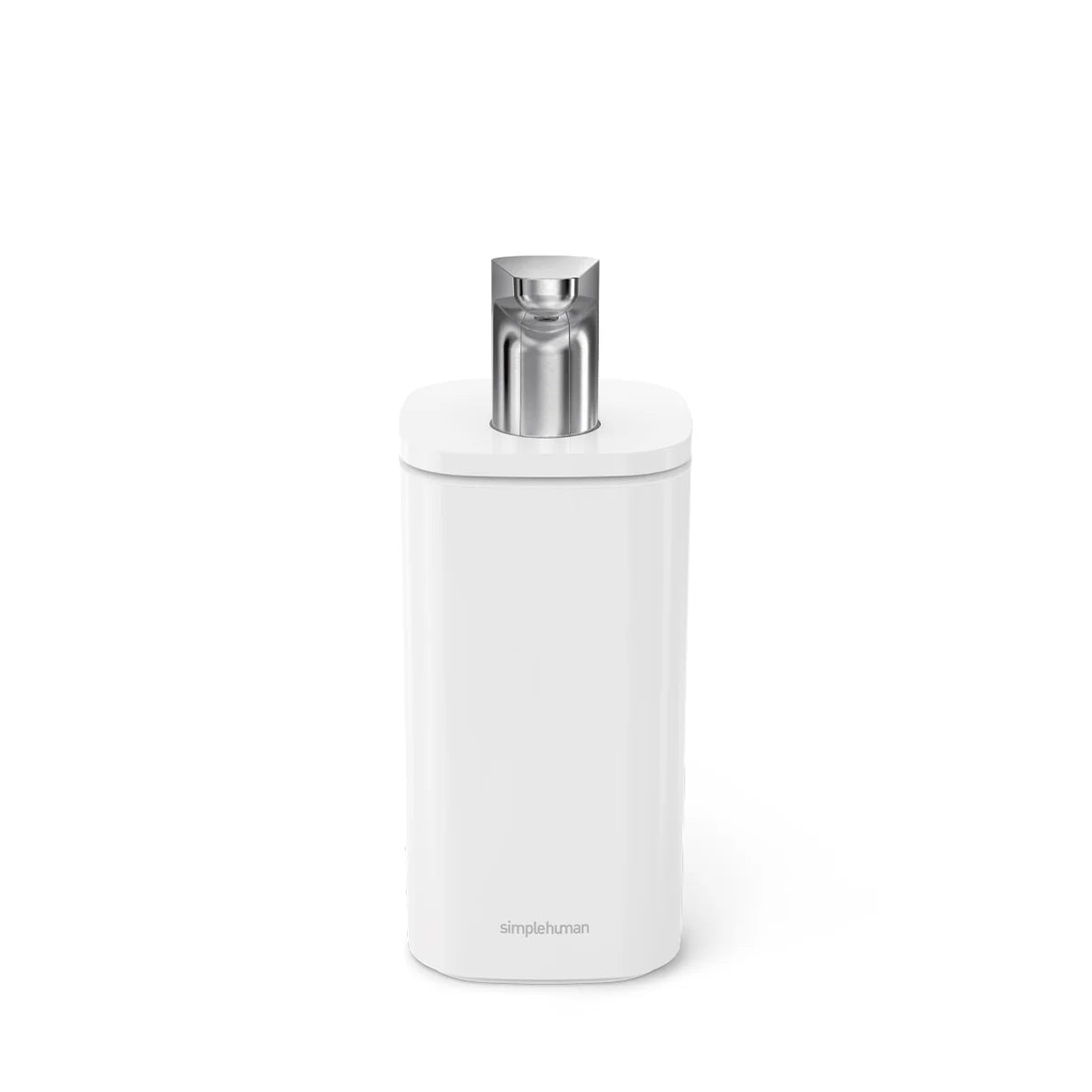 The image shows a white automatic soap dispenser with a sleek and modern design, likely from the Simplehuman brand. The dispenser features a cylindrical top with a metallic nozzle that serves as the soap dispensing mechanism. The body of the dispenser is smooth and has a minimalistic aesthetic with rounded edges, and the Simplehuman logo is subtly placed at the bottom. The white finish gives it a clean and sophisticated look, making it a stylish addition to any modern bathroom or kitchen.