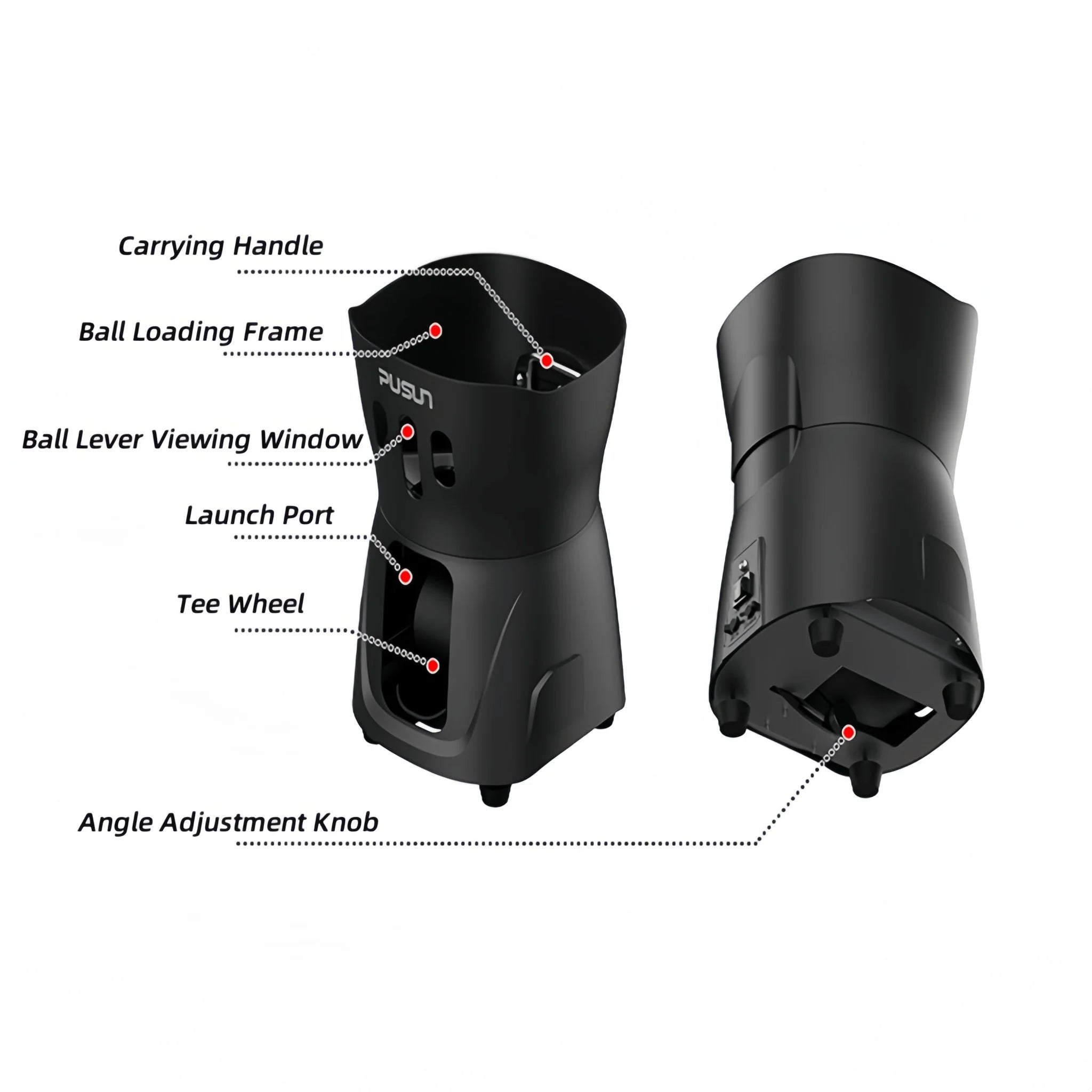 This image showcases the PT-Mini Ball Machine's key features, including the carrying handle, ball loading frame, ball lever viewing window, launch port, tee wheel, and angle adjustment knob for versatile training use.