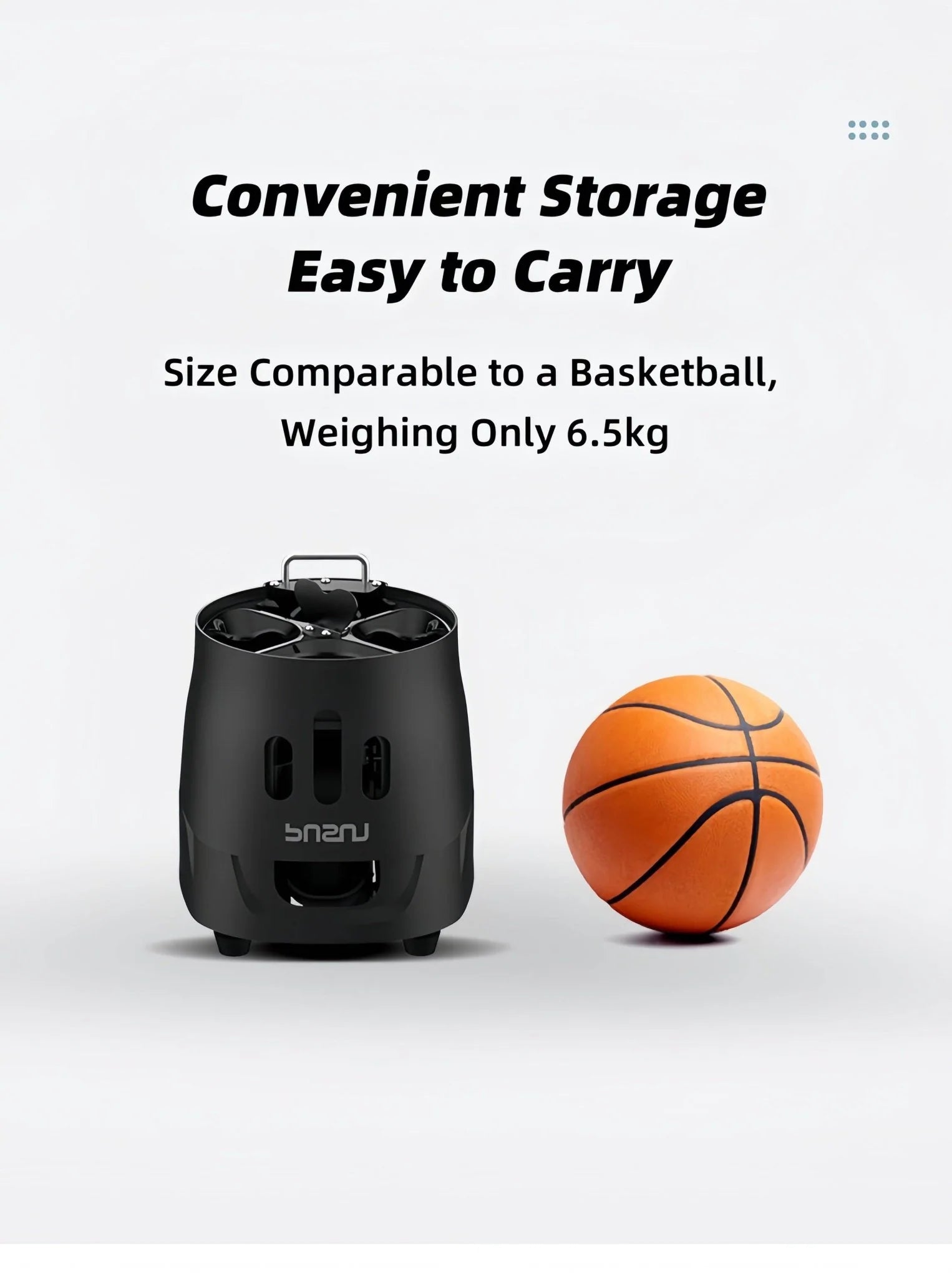 This image highlights the compact and portable design of the PT-Mini Ball Machine, comparing its size to a basketball and weighing only 6.5 kg, making it easy to carry and store.